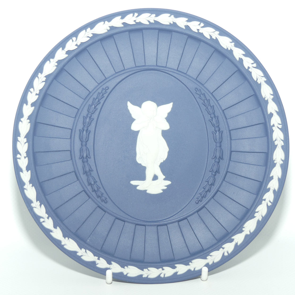 Wedgwood Jasper | White on Portland Blue plate | Cherub playing Dual Trumpets | 16.8cm diam