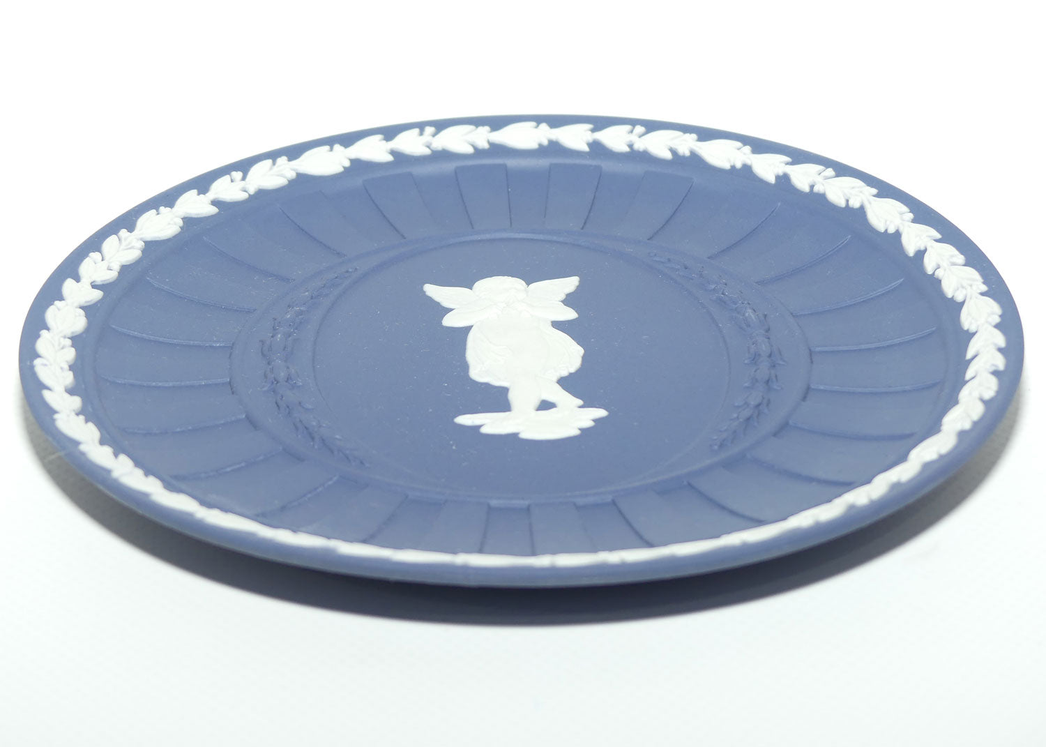 Wedgwood Jasper | White on Portland Blue plate | Cherub playing Dual Trumpets | 16.8cm diam