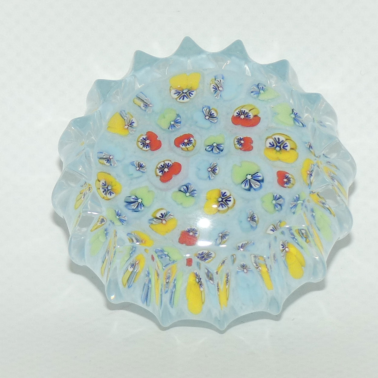 John Deacons Scotland Millefiori Pansy miniature paperweight | Powder Blue | Ribbed