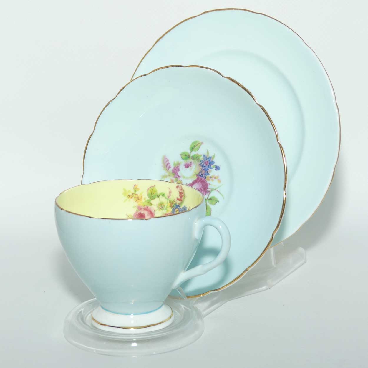EB Foley Bone China Floral Spray trio | Pale Blue ground with Yellow Interior