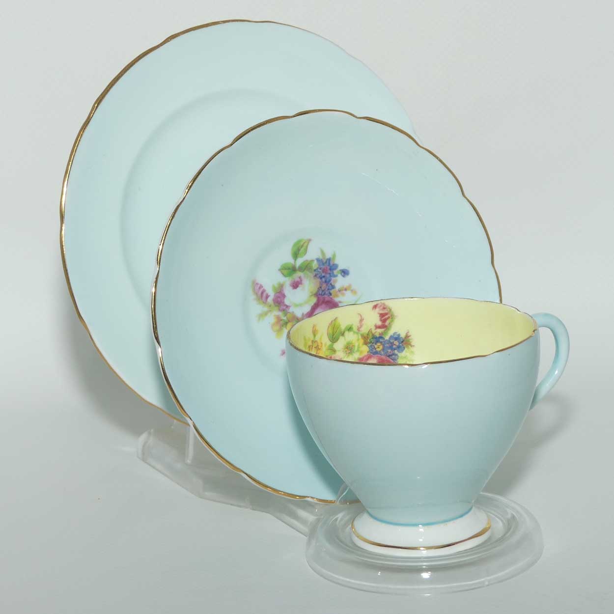 EB Foley Bone China Floral Spray trio | Pale Blue ground with Yellow Interior