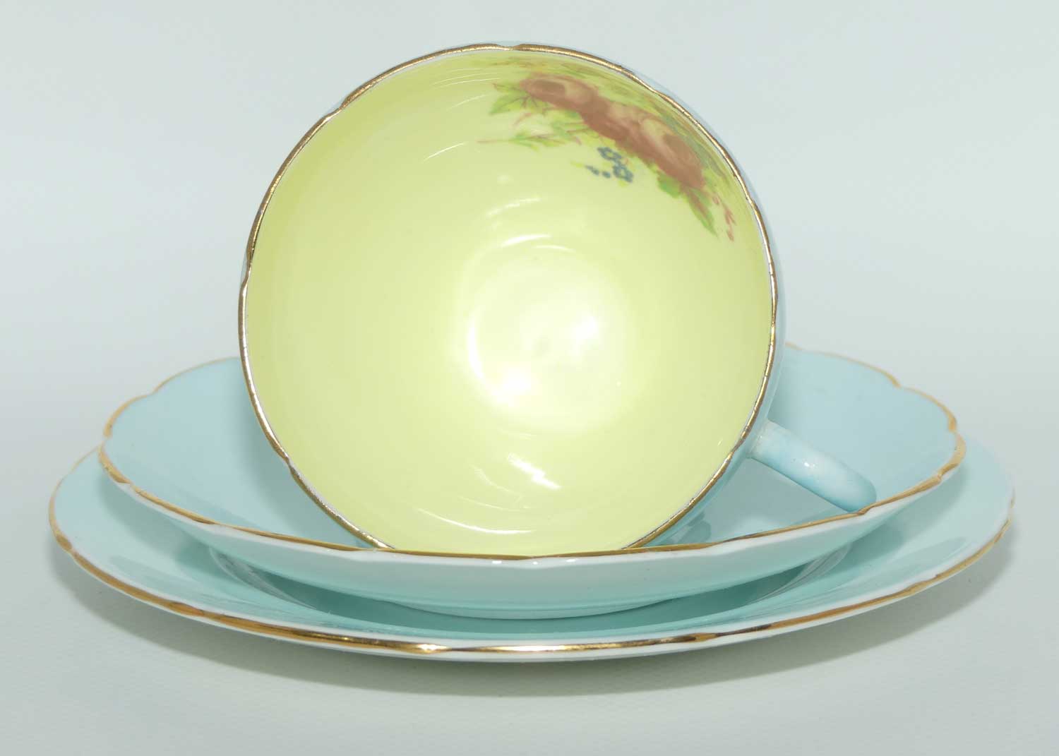 EB Foley Bone China Floral Spray trio | Pale Blue ground with Yellow Interior