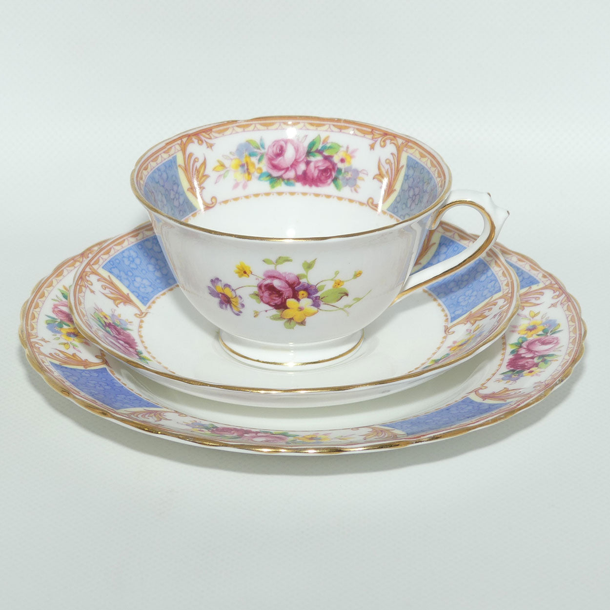 Tuscan Bone China Blue Border with Floral panels trio