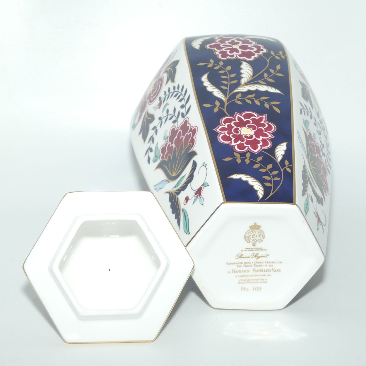 Royal Worcester hexagonal Hancock Panelled vase with lid | Prince Regent pattern | Ltd Ed