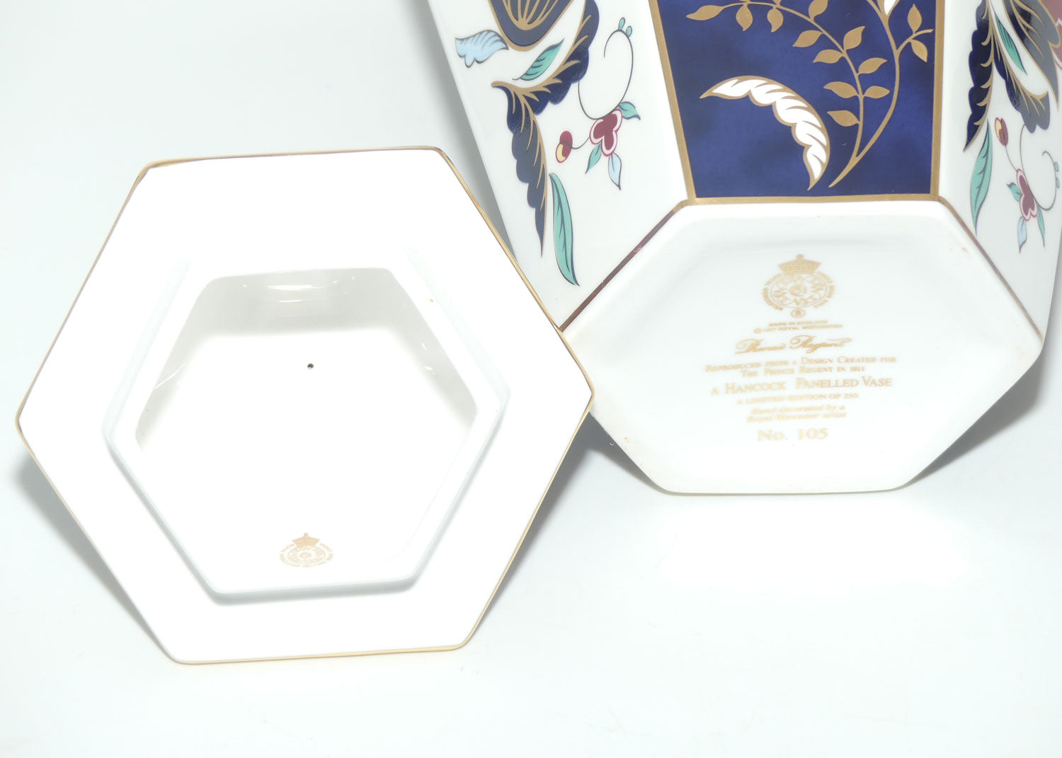 Royal Worcester hexagonal Hancock Panelled vase with lid | Prince Regent pattern | Ltd Ed