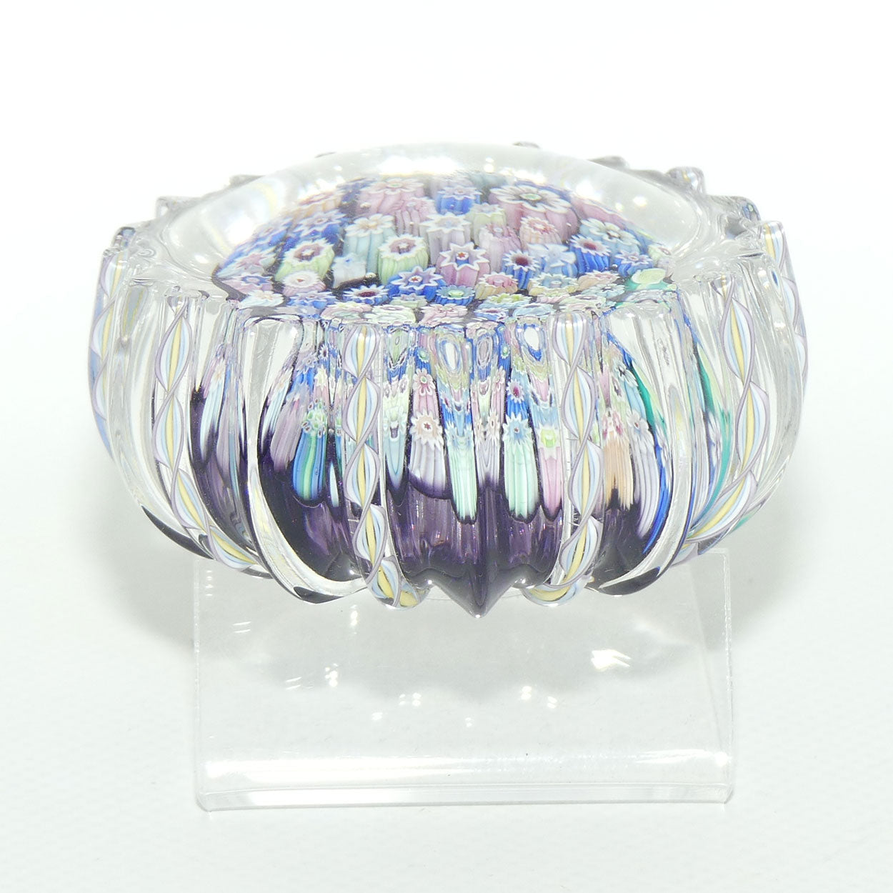 John Deacons Scotland Closepack Millefiori paperweight | Ribbed Latticino edge | Dark Amethyst