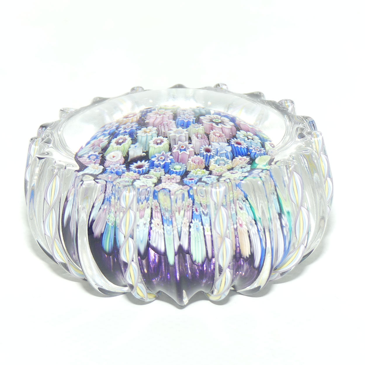 John Deacons Scotland Closepack Millefiori paperweight | Ribbed Latticino edge | Dark Amethyst