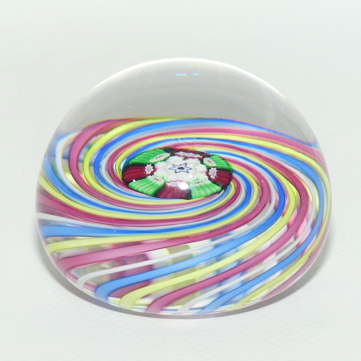 John Deacons Scotland 4 colour Swirl paperweight | Pink Yellow Blue White