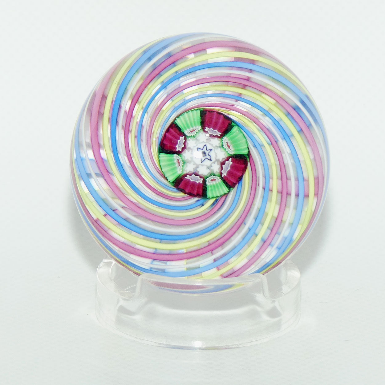 John Deacons Scotland 4 colour Swirl paperweight | Pink Yellow Blue White