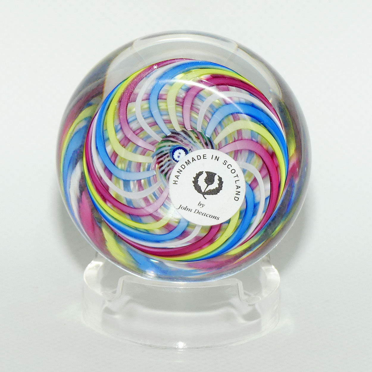 John Deacons Scotland 4 colour Swirl paperweight | Pink Yellow Blue White
