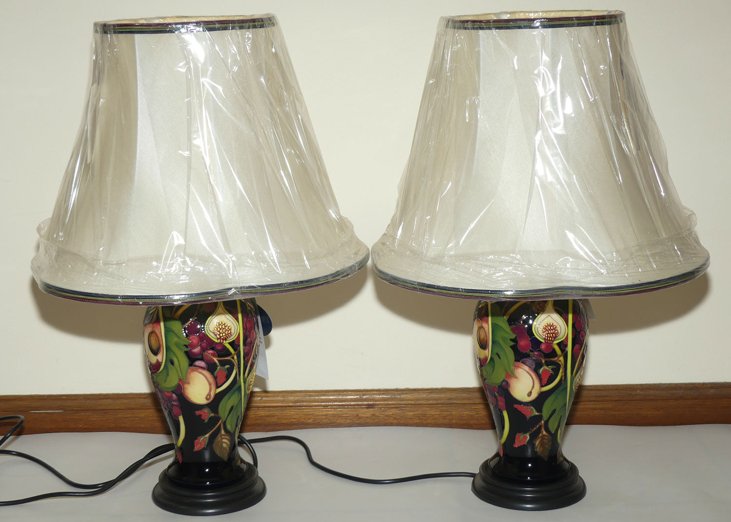 Moorcroft pair of Lamps and Silk Shades | Queens Choice pattern | Shape 46/10