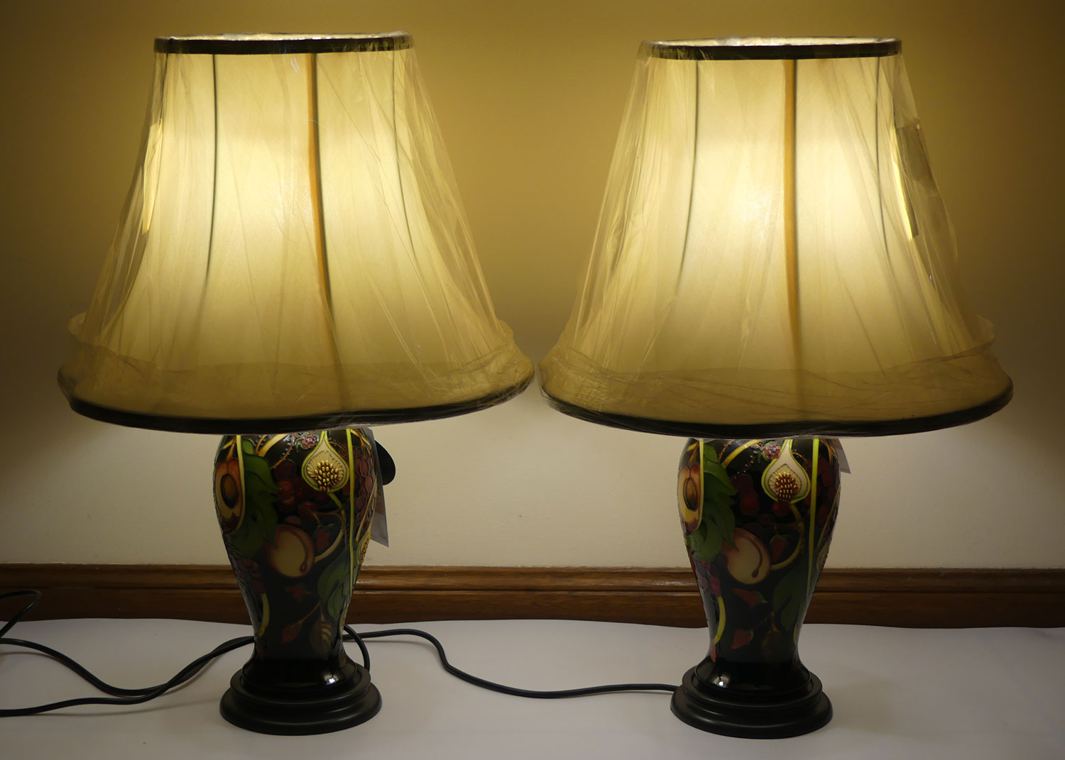 Moorcroft pair of Lamps and Silk Shades | Queens Choice pattern | Shape 46/10