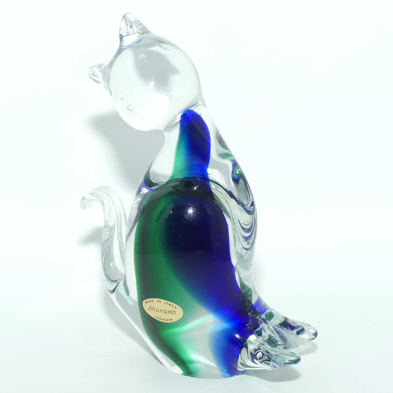 Murano Glass Blue Aqua and Clear Cat figure | Swirl Tail