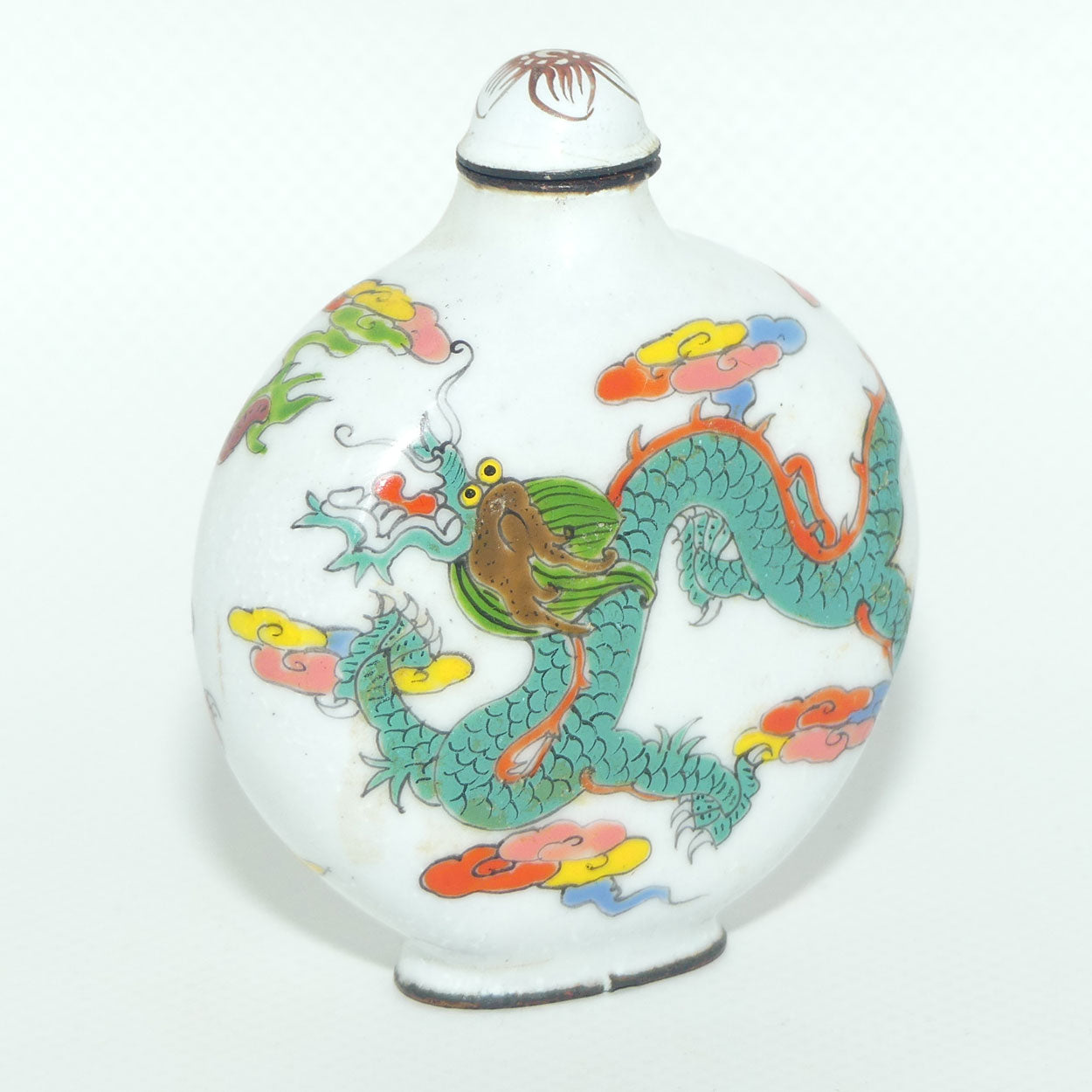 Chinese Hand Painted Enamel on Copper Snuff bottle | Red and Aqua Dragons