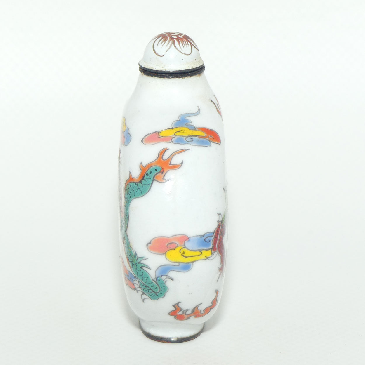 Chinese Hand Painted Enamel on Copper Snuff bottle | Red and Aqua Dragons