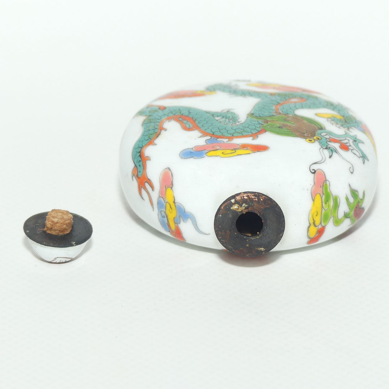 Chinese Hand Painted Enamel on Copper Snuff bottle | Red and Aqua Dragons