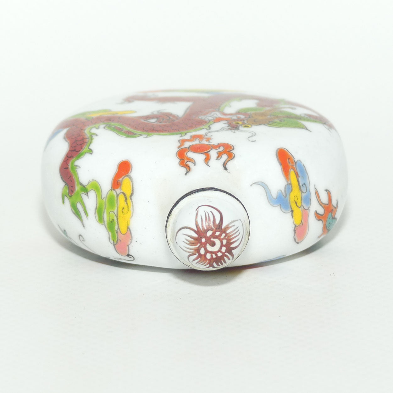 Chinese Hand Painted Enamel on Copper Snuff bottle | Red and Aqua Dragons