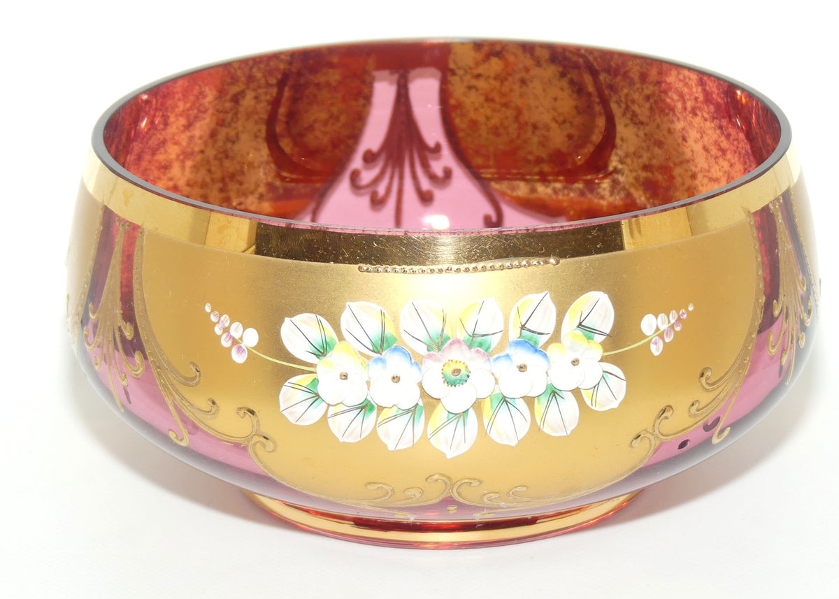Vintage Bohemian Glass bowl | 20cm diam | High Gilt and Floral Decor on Cranberry