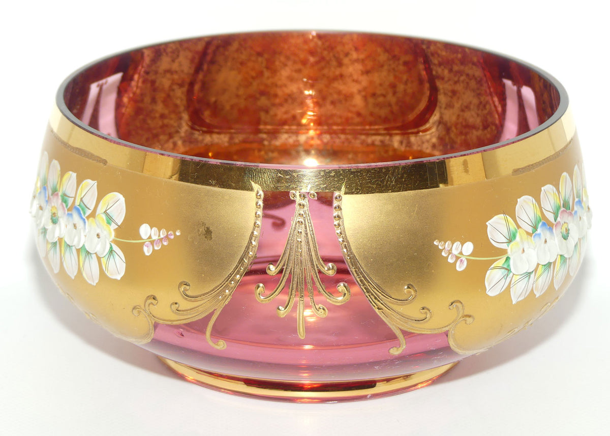 Vintage Bohemian Glass bowl | 20cm diam | High Gilt and Floral Decor on Cranberry