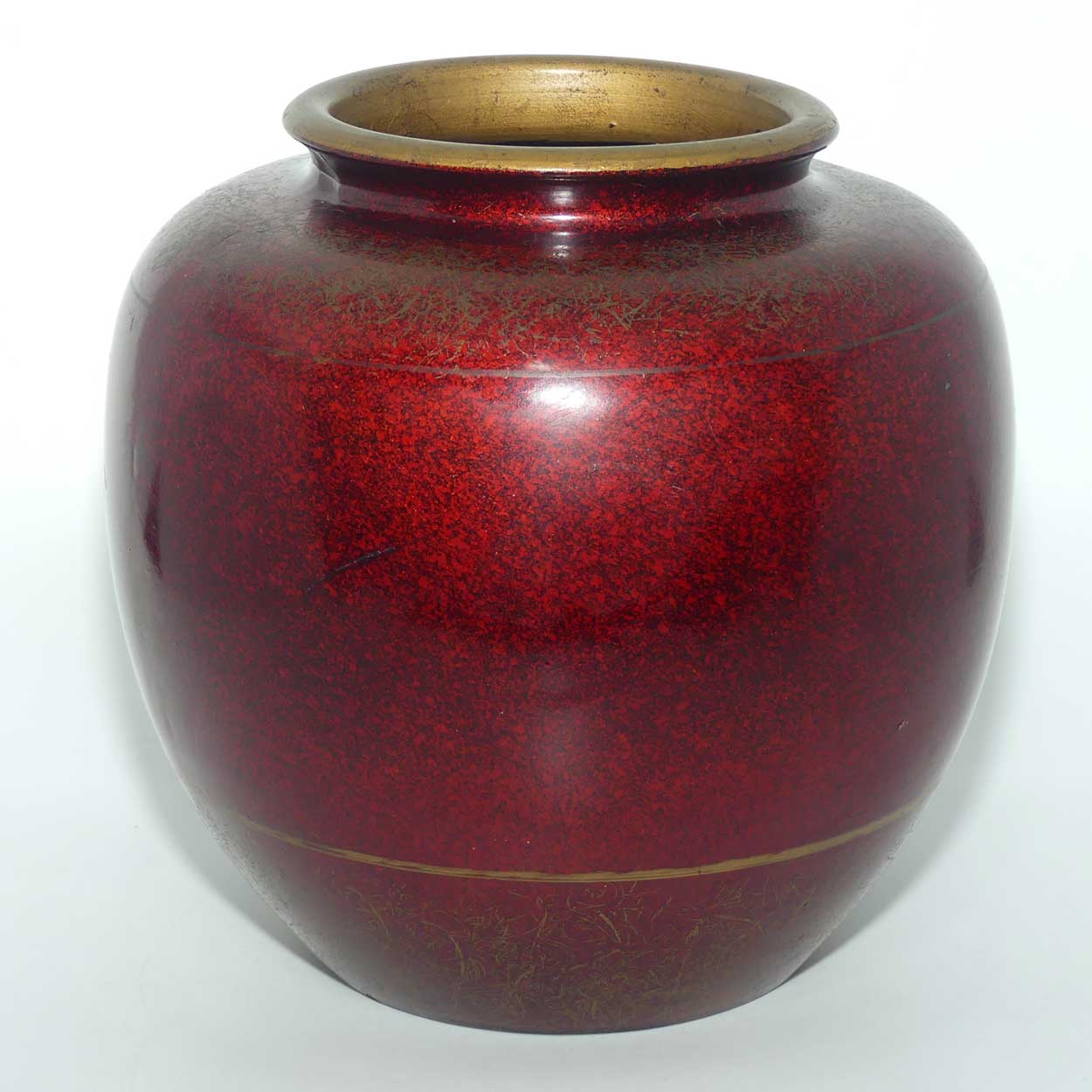 Japanese Hand Enamelled on Clay vase depicting Bird in Foliage | Rouge and Gilt