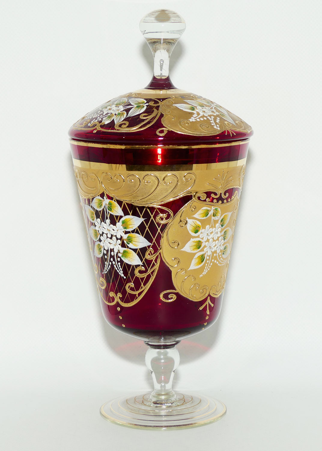 Vintage Venetian Glass lolly jar | High Gilt and Floral Decor on Ruby
