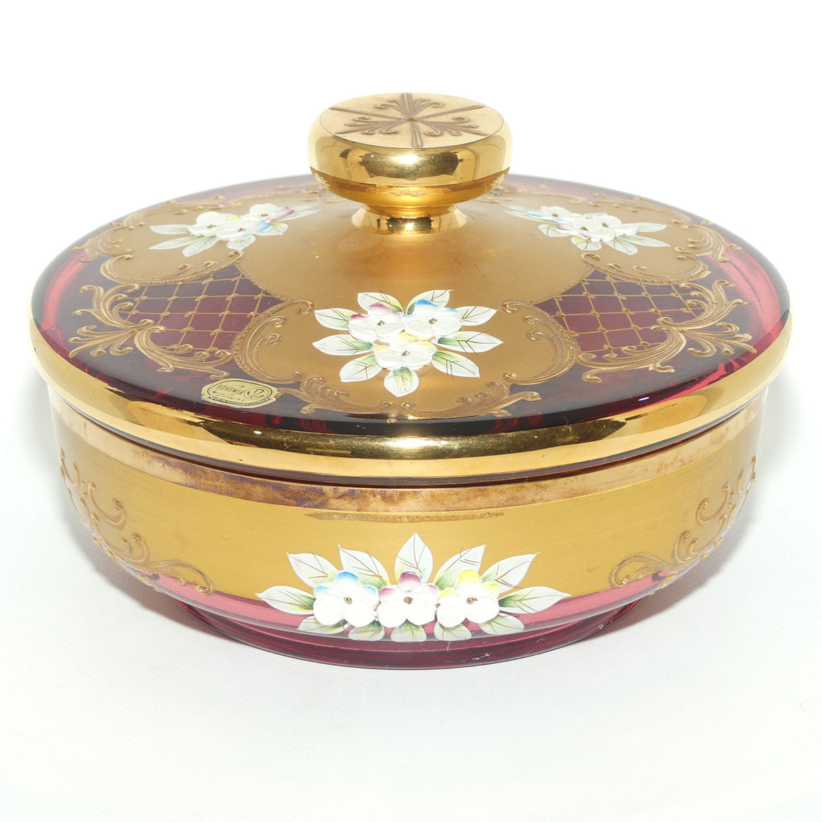 Vintage Bohemian Glass large size lidded powder bowl | High Gilt and Floral Decor on Cranberry