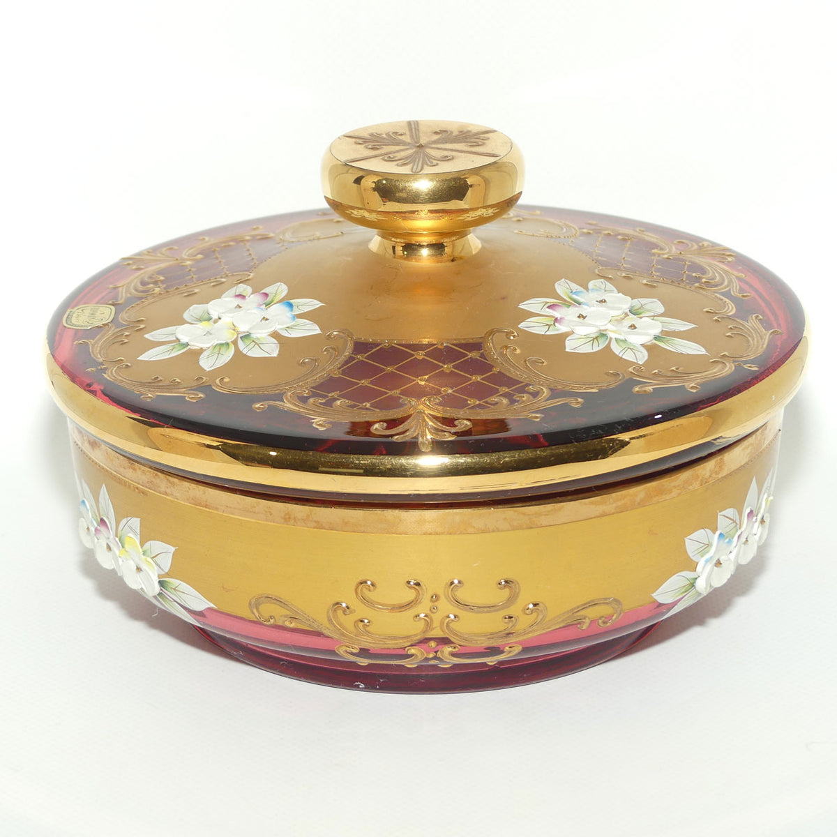 Vintage Bohemian Glass large size lidded powder bowl | High Gilt and Floral Decor on Cranberry