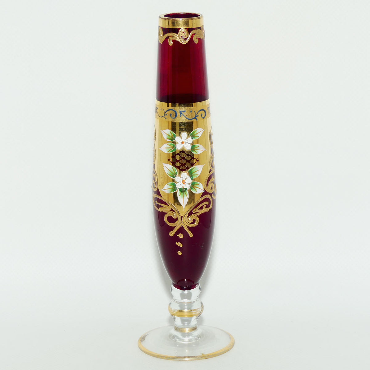 Vintage Venetian Glass slender bud vase | High Gilt and Floral Decor on Ruby