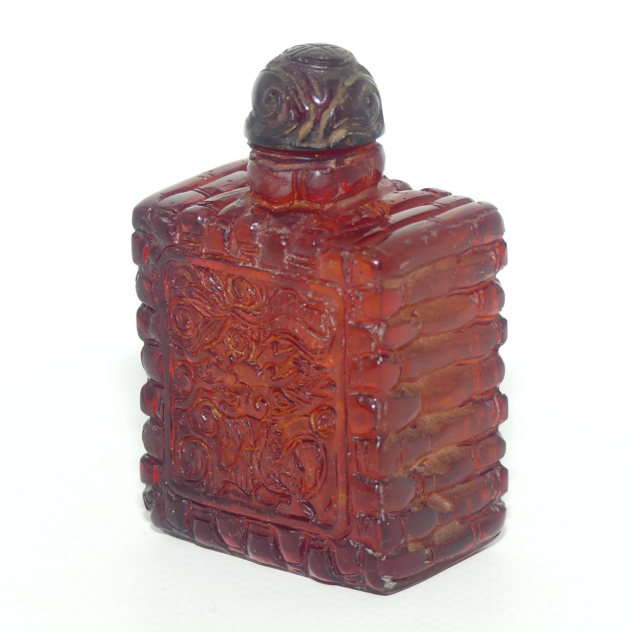 Chinese Snuff Bottle | Carved Amber in Square form with Stopper