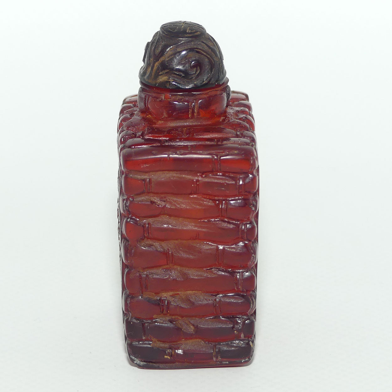 Chinese Snuff Bottle | Carved Amber in Square form with Stopper