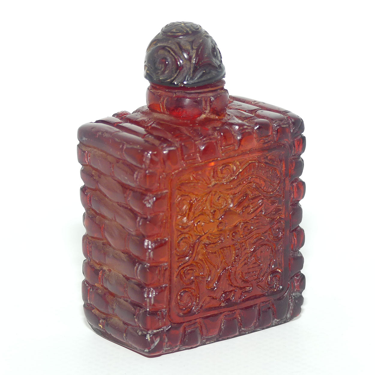 Chinese Snuff Bottle | Carved Amber in Square form with Stopper