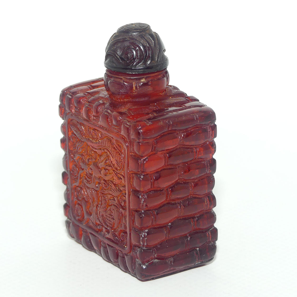 Chinese Snuff Bottle | Carved Amber in Square form with Stopper