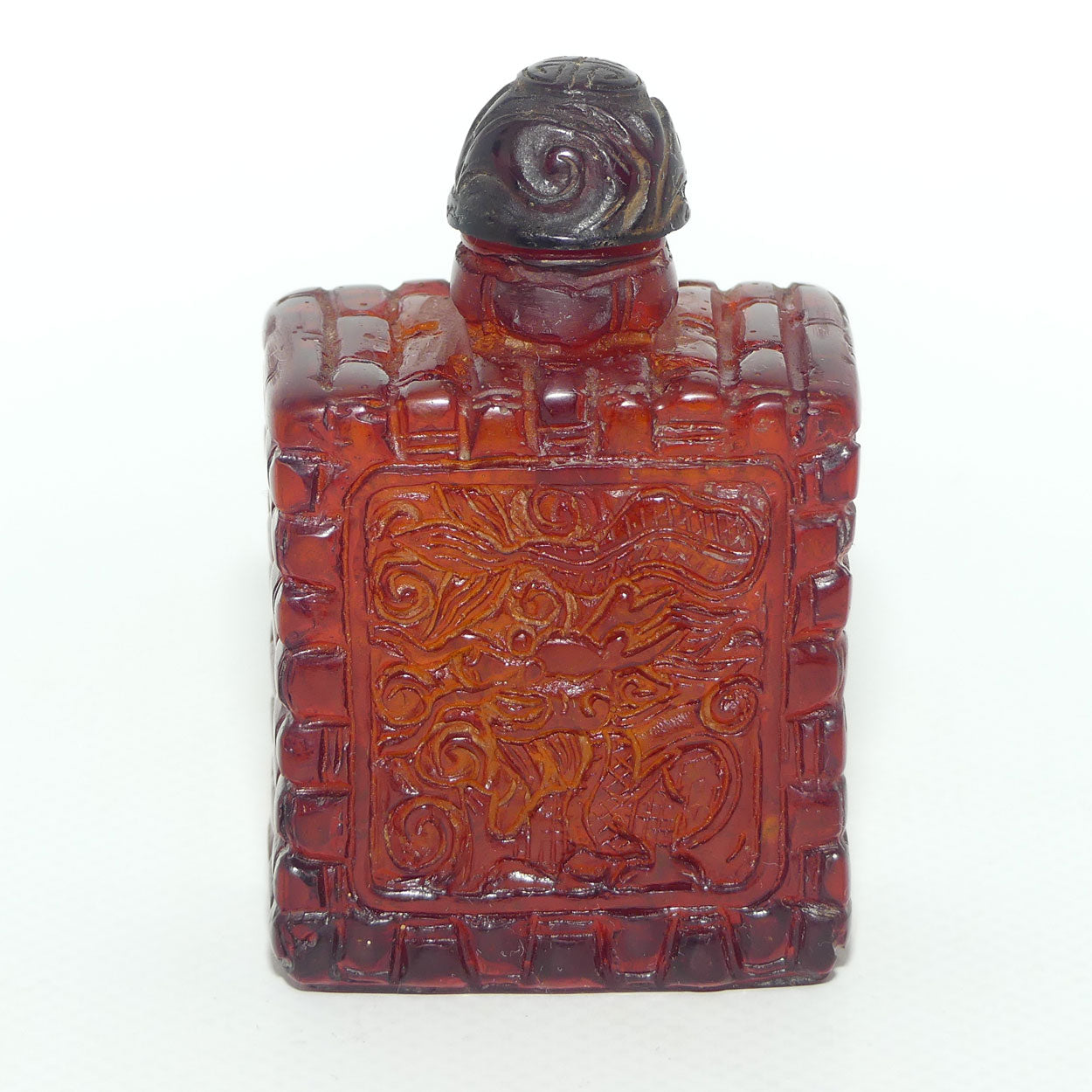 Chinese Snuff Bottle | Carved Amber in Square form with Stopper