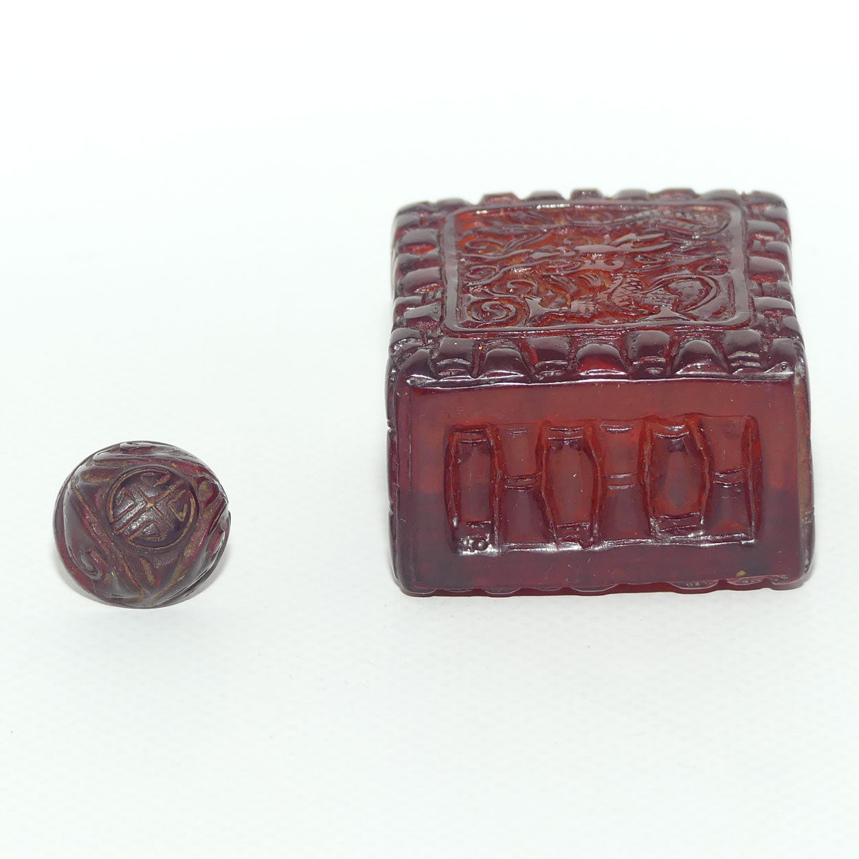 Chinese Snuff Bottle | Carved Amber in Square form with Stopper