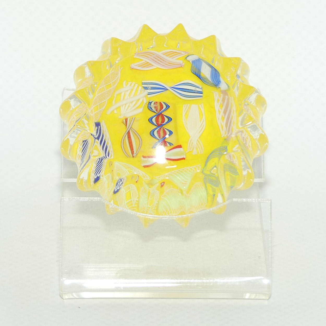 John Deacons Scotland Latticino Ribbed miniature paperweight | Yellow