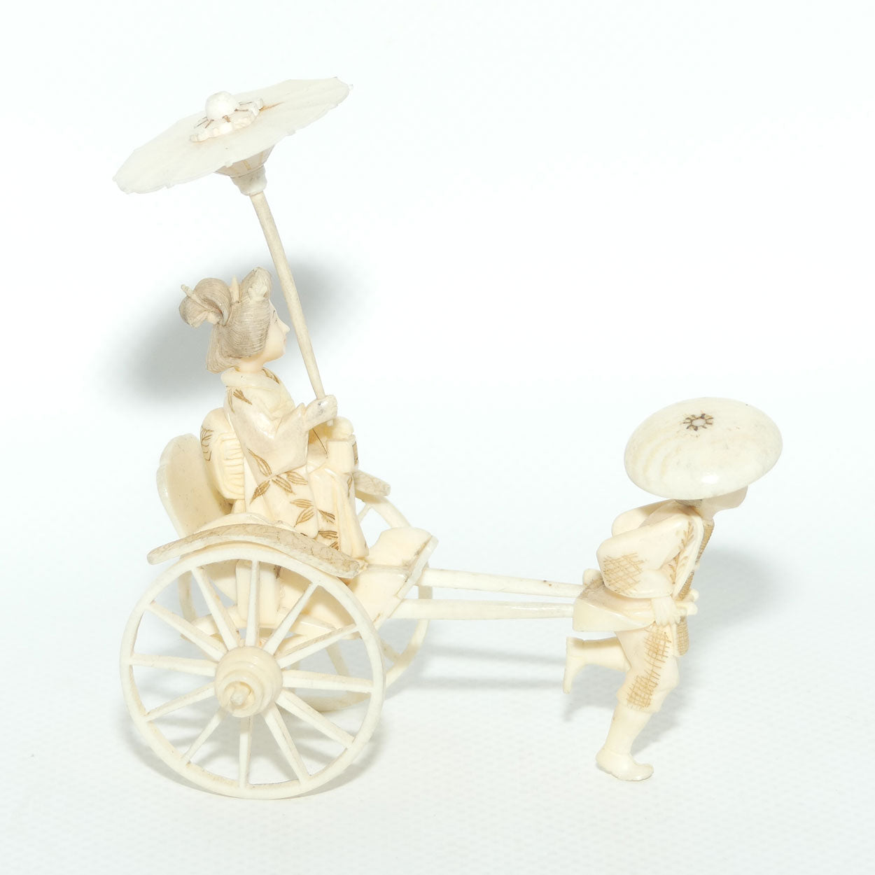 Japanese Carved Ivory Okimono | Man pulling Rickshaw, Bijin Aboard