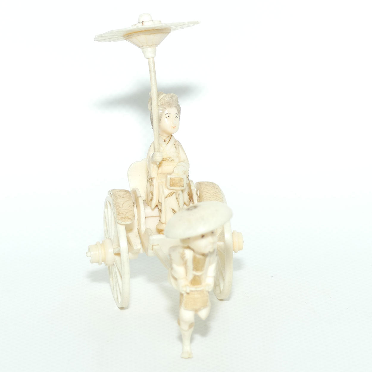 Japanese Carved Ivory Okimono | Man pulling Rickshaw, Bijin Aboard