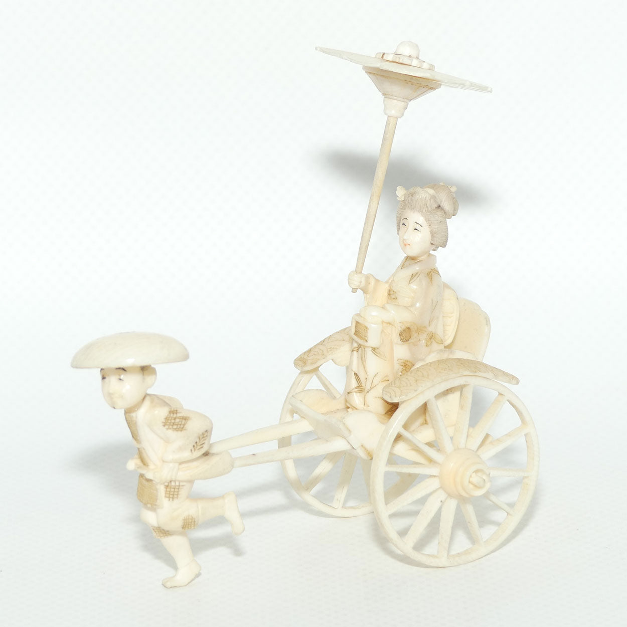 Japanese Carved Ivory Okimono | Man pulling Rickshaw, Bijin Aboard