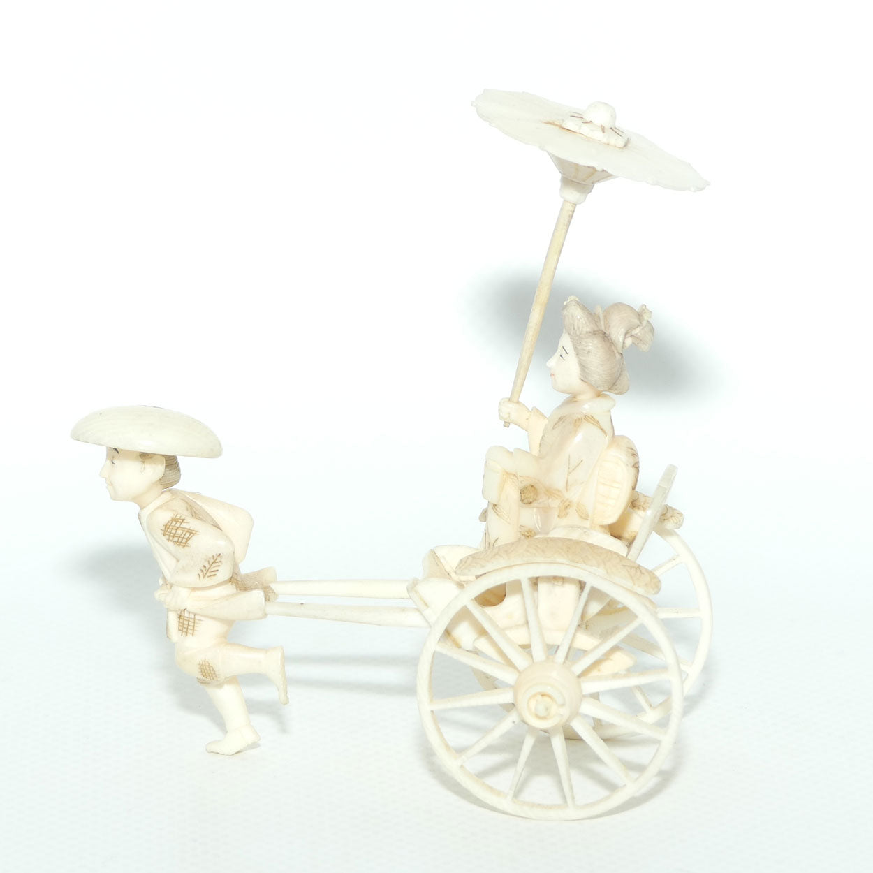 Japanese Carved Ivory Okimono | Man pulling Rickshaw, Bijin Aboard