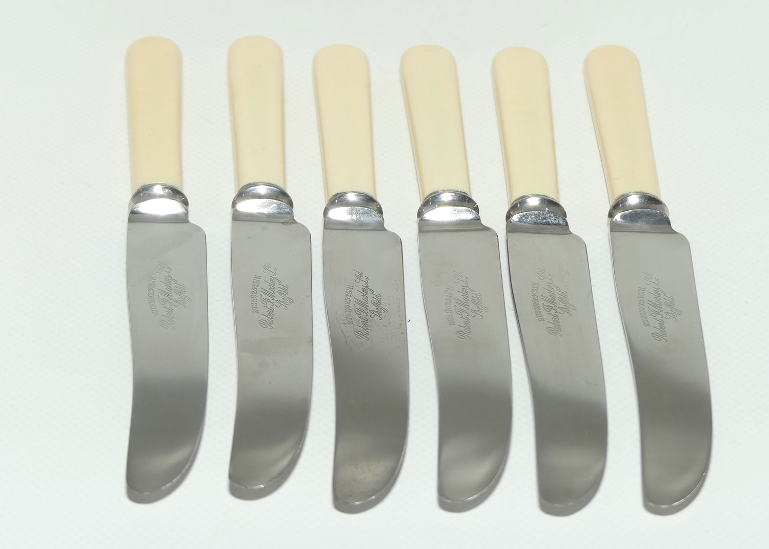 Set of 6 Robert F Mosley Rusnorstain Sheffield Stainless | Faux Bone Handle Knives | 20.8cm | boxed