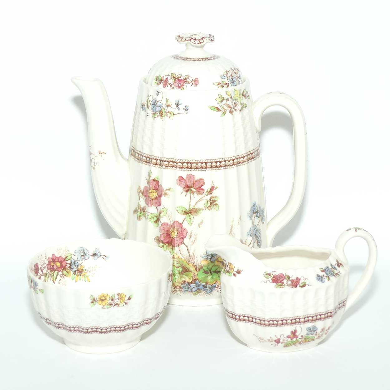 Copeland Spode Rosalie pattern coffee pot, sugar bowl and creamer