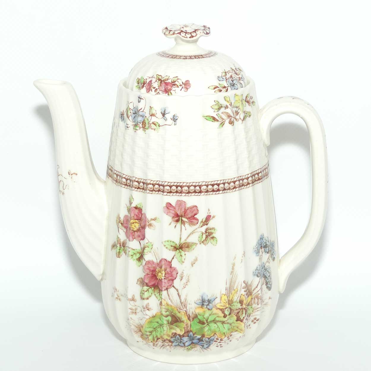 Copeland Spode Rosalie pattern coffee pot, sugar bowl and creamer