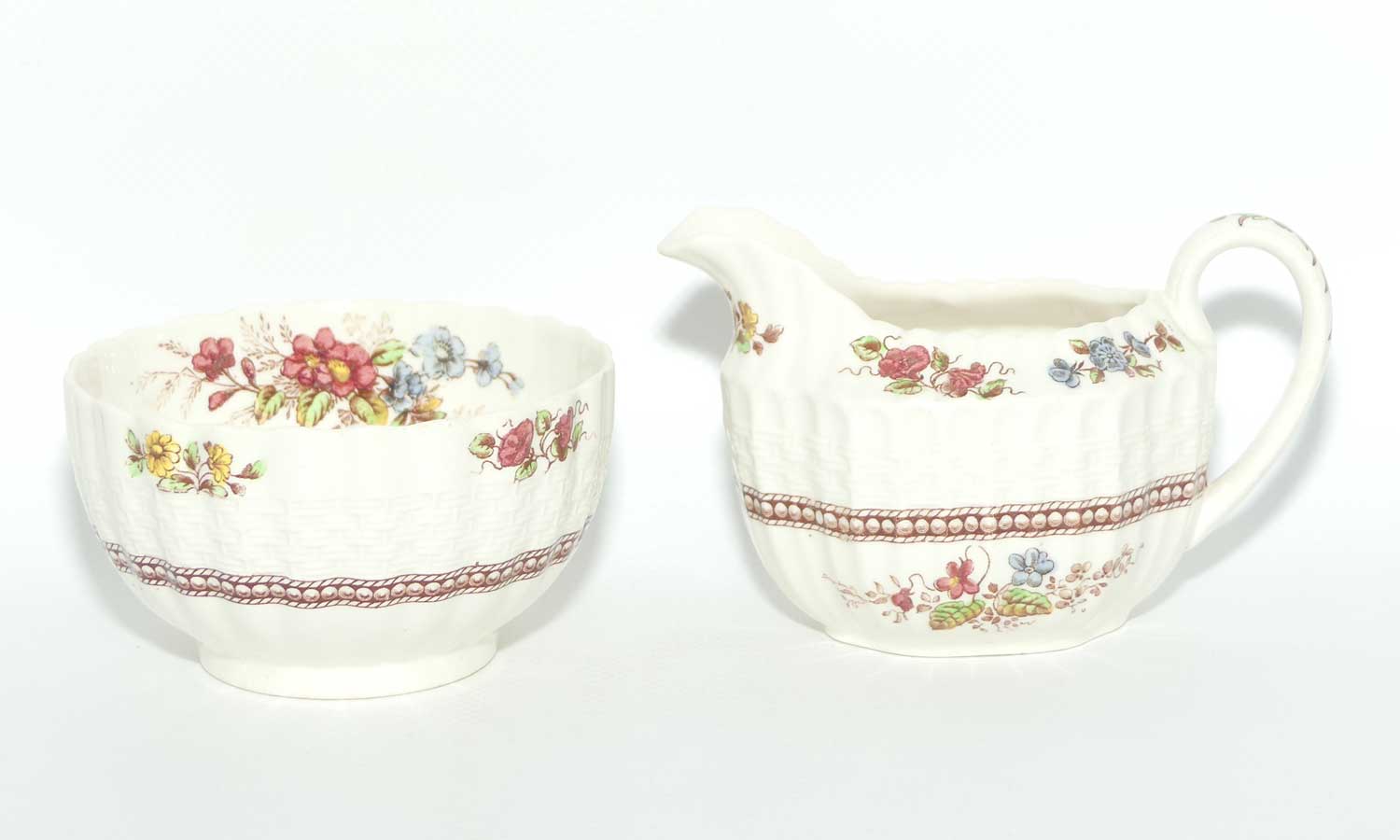 Copeland Spode Rosalie pattern coffee pot, sugar bowl and creamer