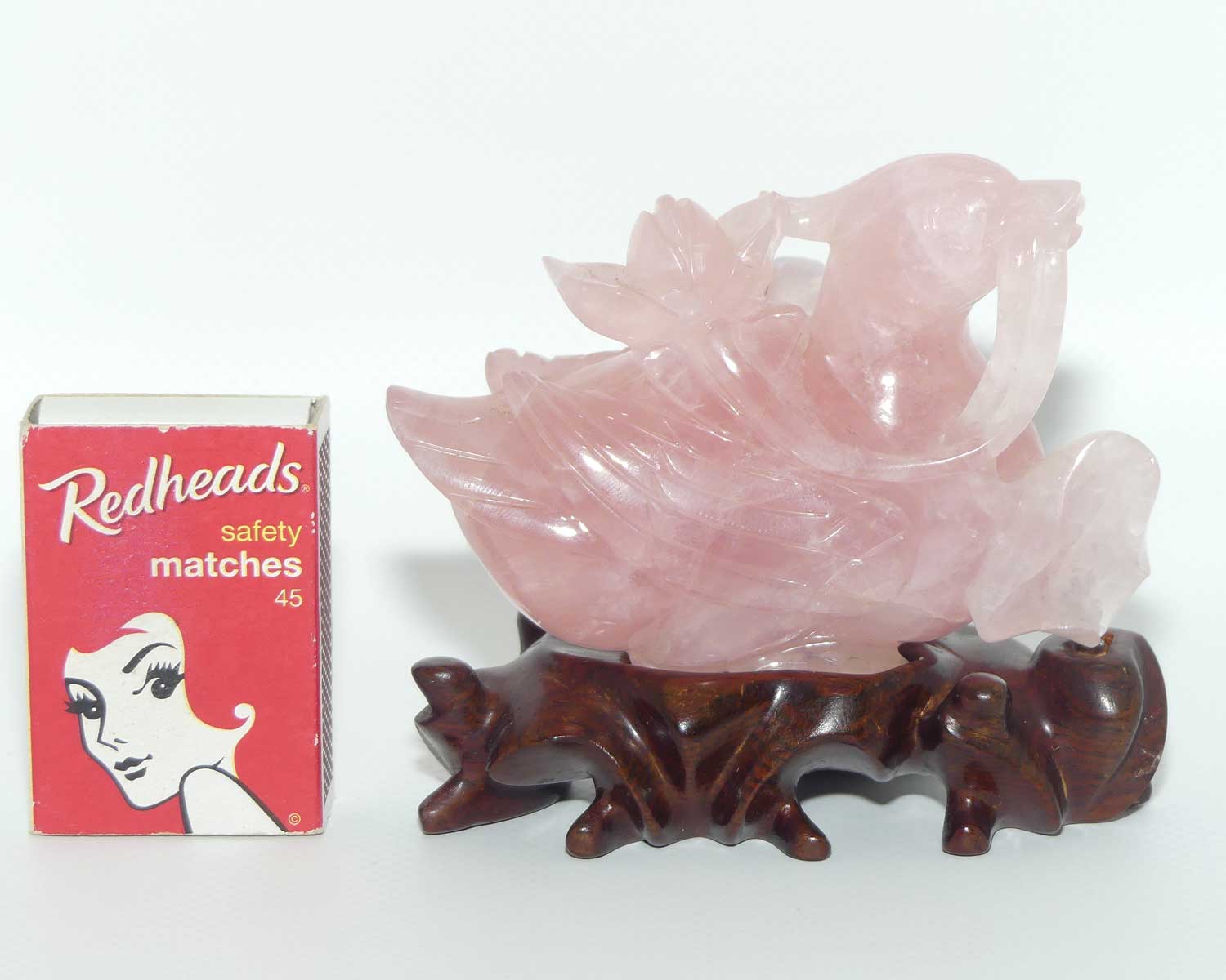 Mid 20th Century Chinese Rose Quartz Mandarin Duck on wooden stand