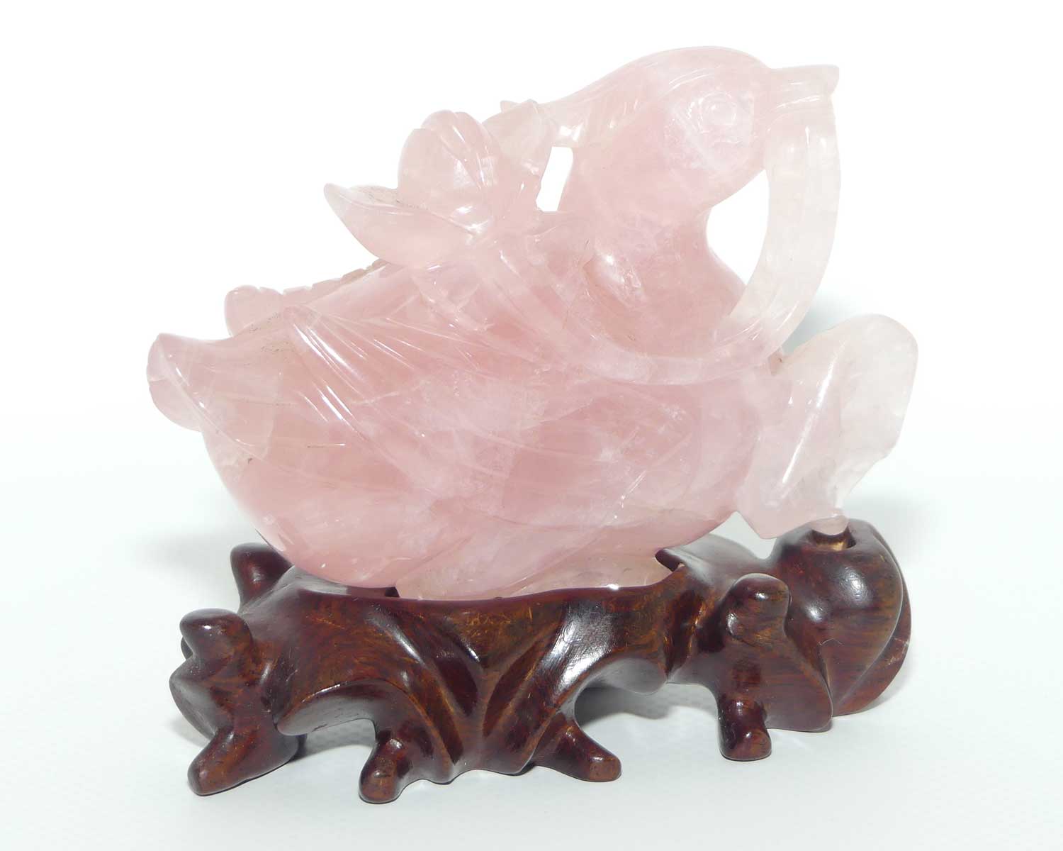 Mid 20th Century Chinese Rose Quartz Mandarin Duck on wooden stand