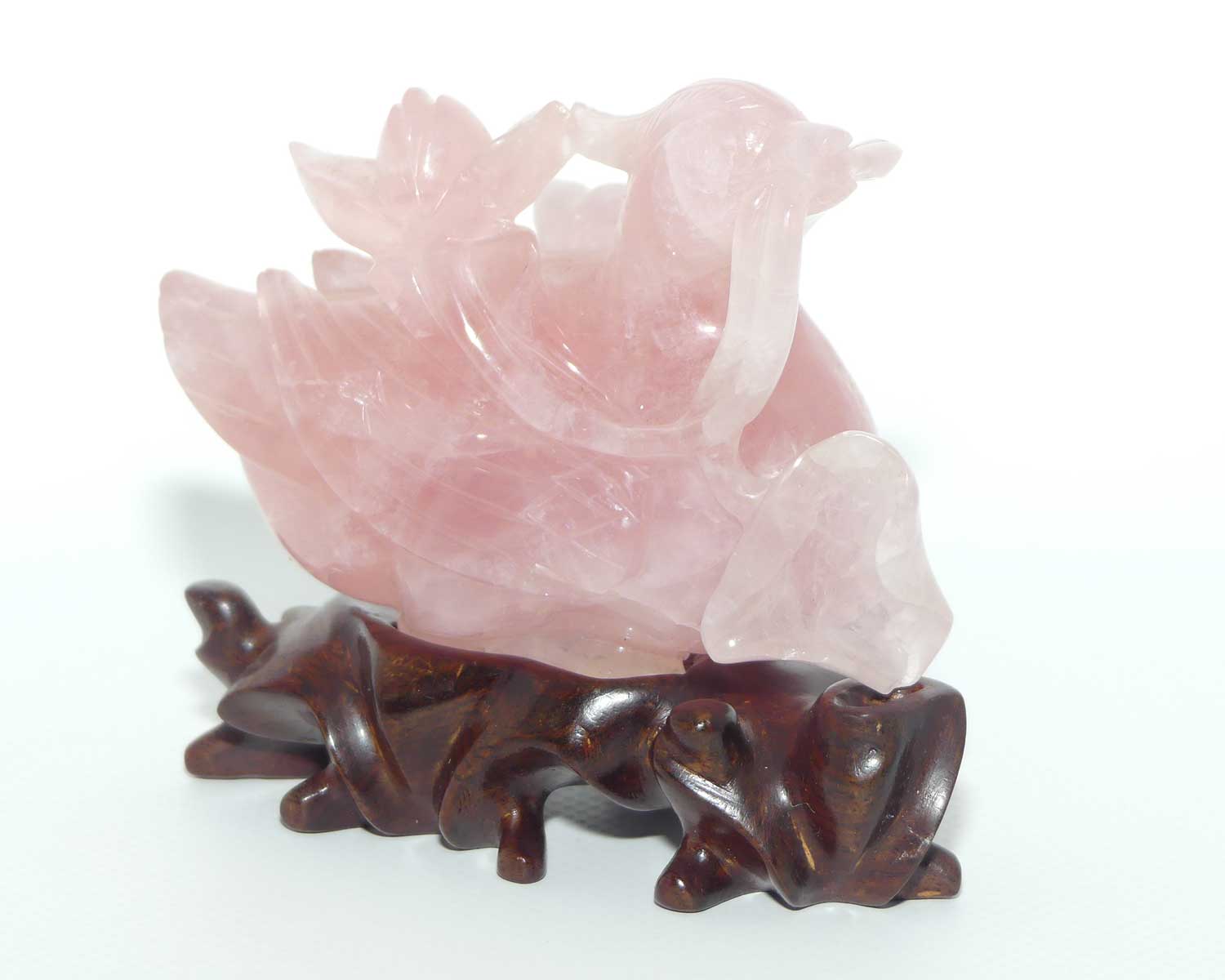 Mid 20th Century Chinese Rose Quartz Mandarin Duck on wooden stand