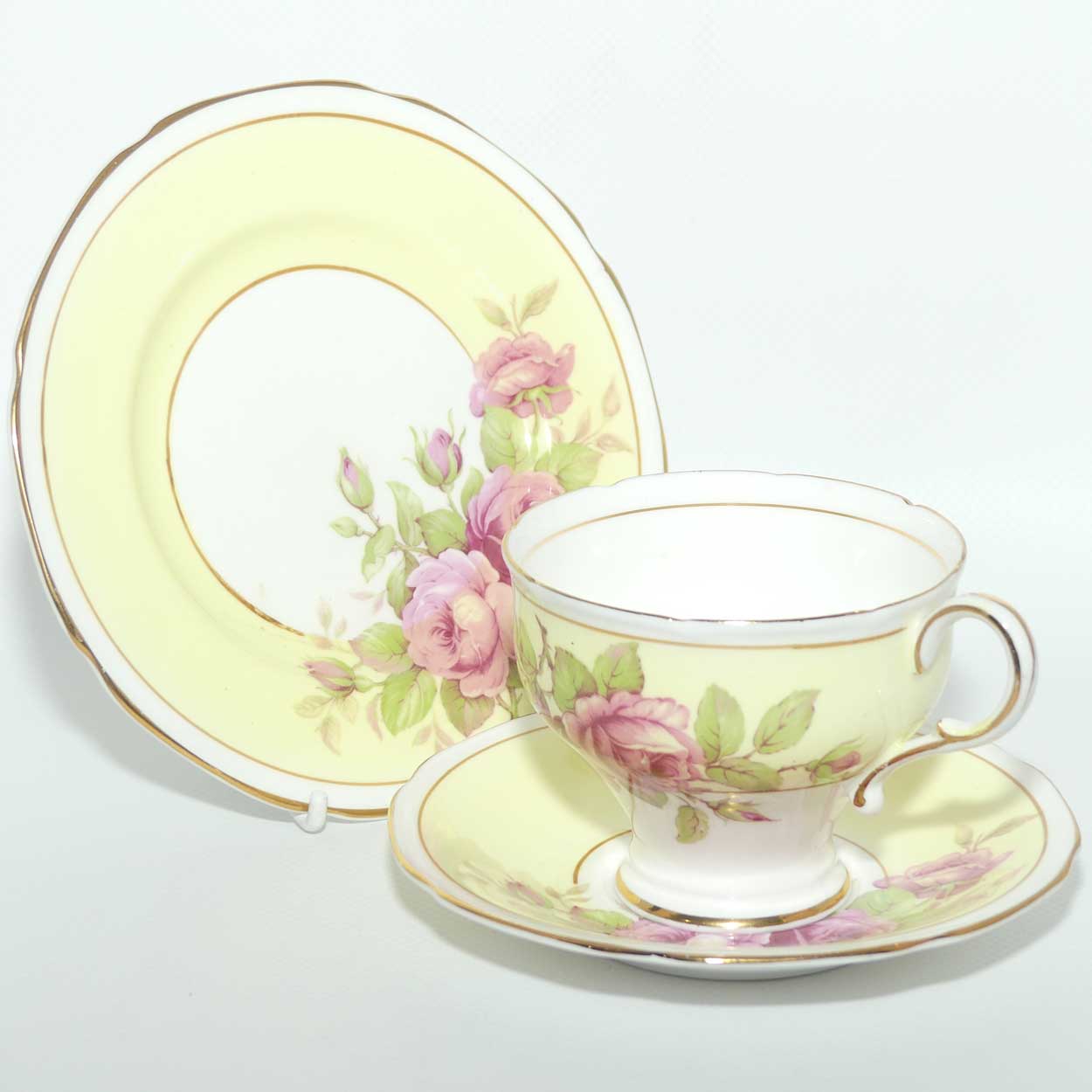 Paragon Bone China fine tea trio | Pink Roses and Yellow Ground