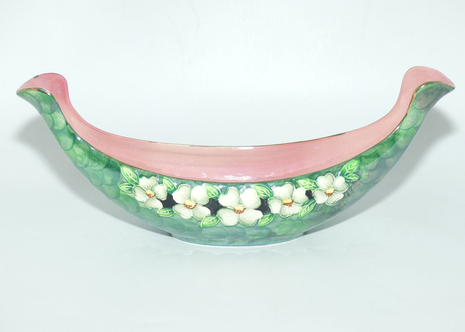 Maling canoe vase | Rose Marie on Green Lustre | Pattern 6603