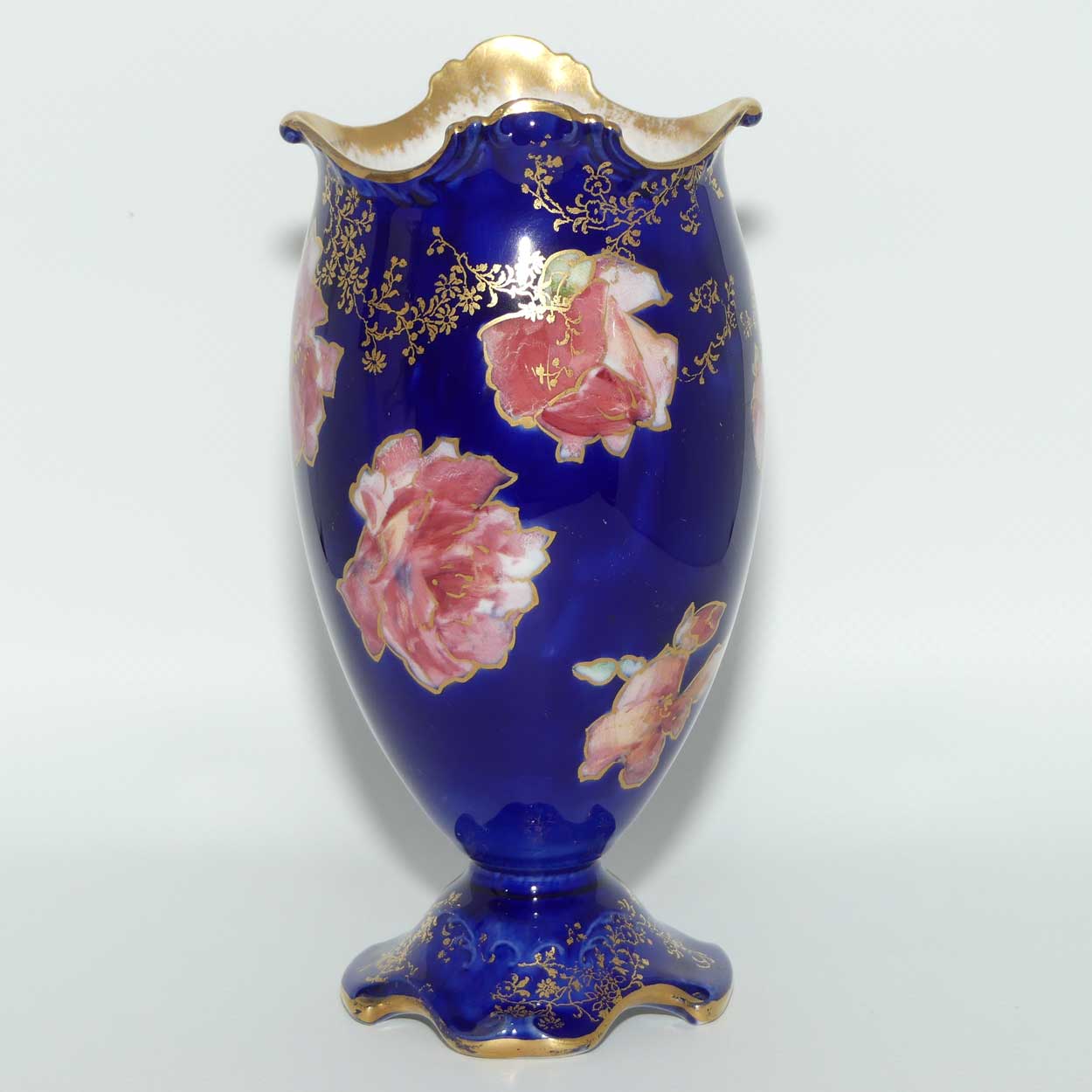 Royal Doulton hand painted and beautifully gilt roses vase | Blue body