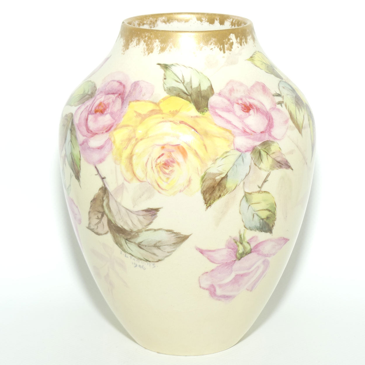 Early Australian China Painted Yellow and Pink Roses and Butterfly vase | Ethel L Thomas 1906